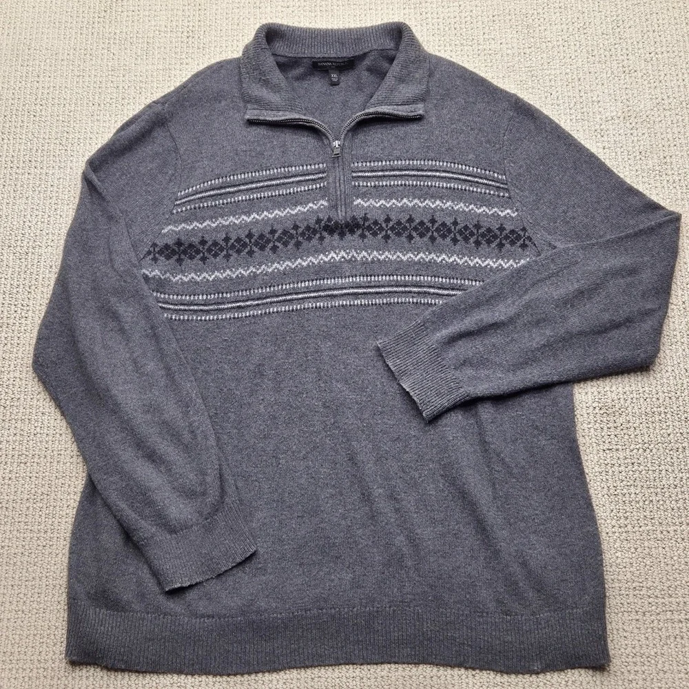 Banana Republic Men's XXL Gray Fair Isle Quarter Zip Cotton‎ Wool Blend Sweater
